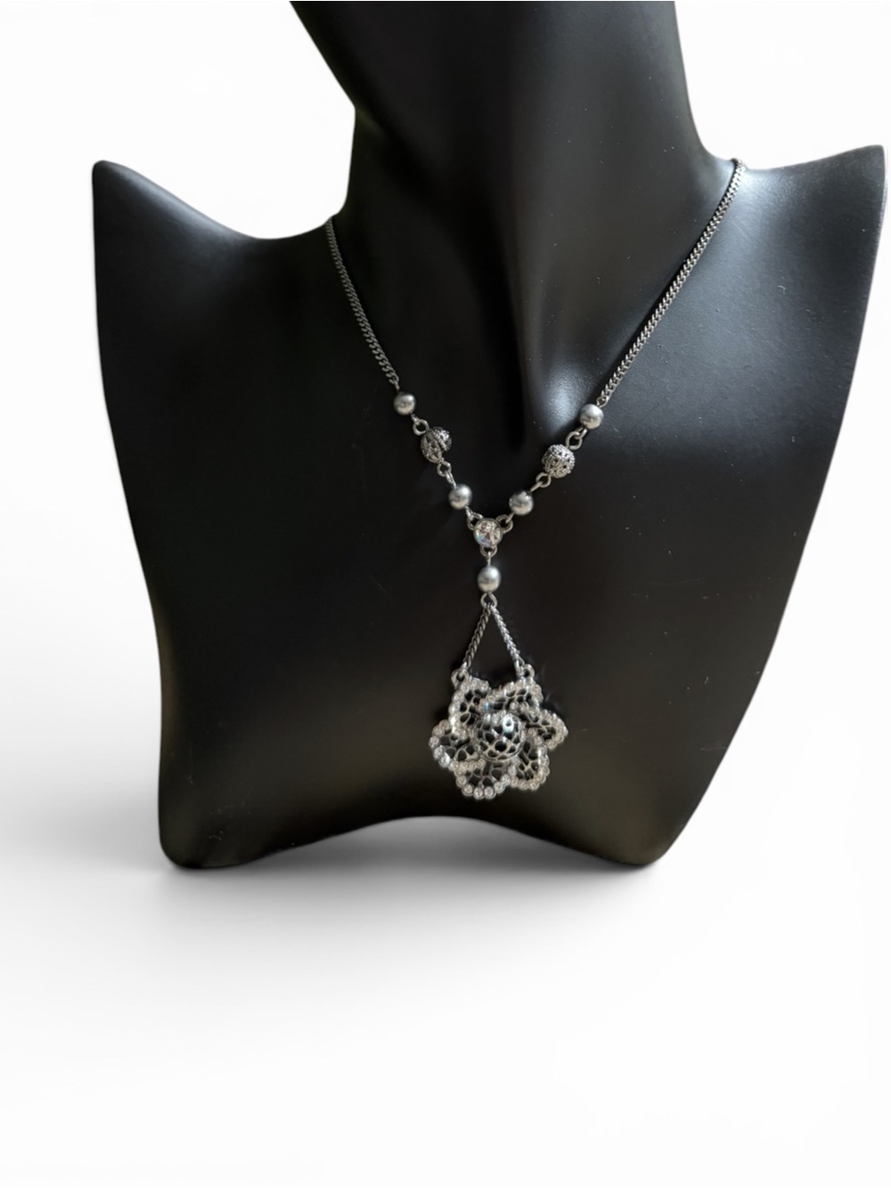 Givenchy Silver-Tone Pave Filigree Crystal Flower Necklace - Picture 4 of 8